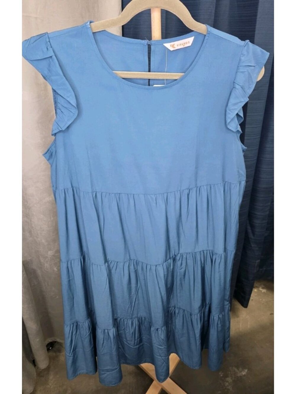 KIRUNDO Women’s Blue Tiered Ruffle Sleeve Midi Dress Babydoll NWT. Wl484